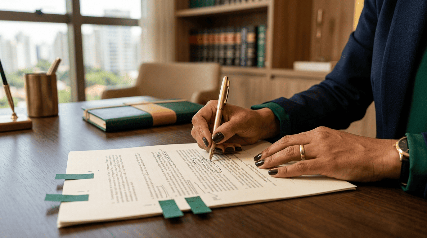 Mãos da advogada sinalizam cláusulas de risco no contrato