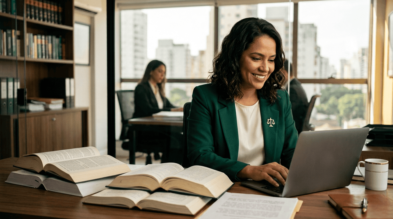 Dra. Camila pesquisa jurisprudência com laptop e livros