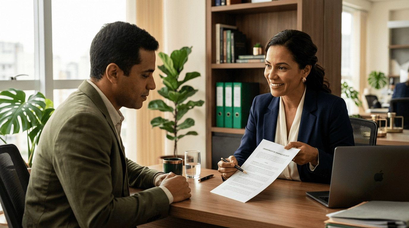 Advogada revisa um termo de consentimento de dados com o cliente