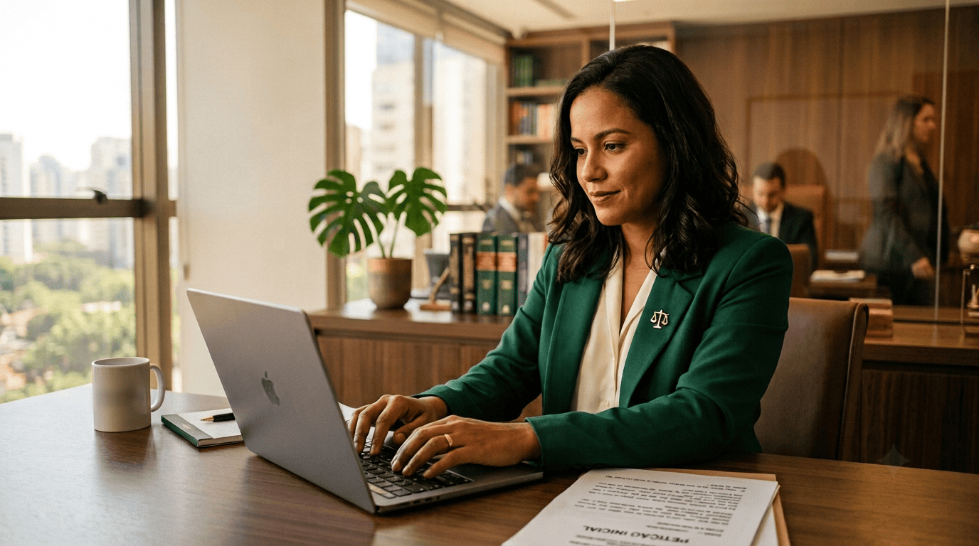 Dra. Camila redige uma petição inicial no laptop