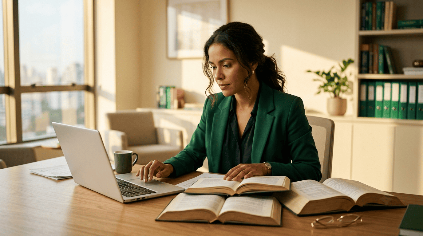 Advogada compara abordagens com laptop e livros de lei