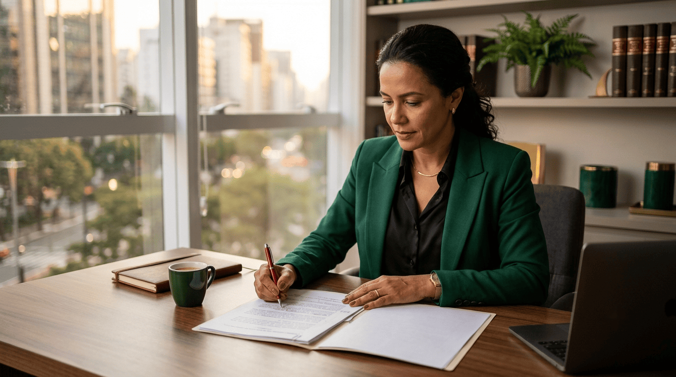 Advogada revisa cuidadosamente uma petição impressa