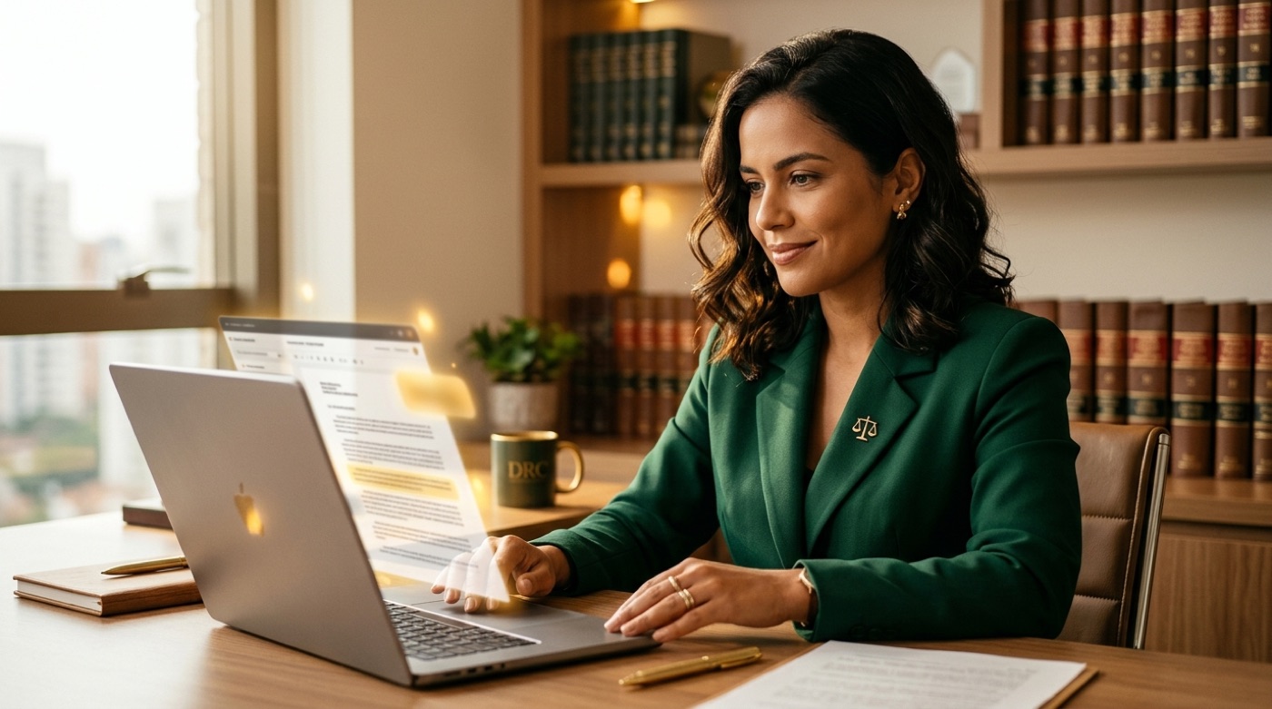 Advogada revisando um caso no laptop com destaques de análise de IA em um escritório brasileiro