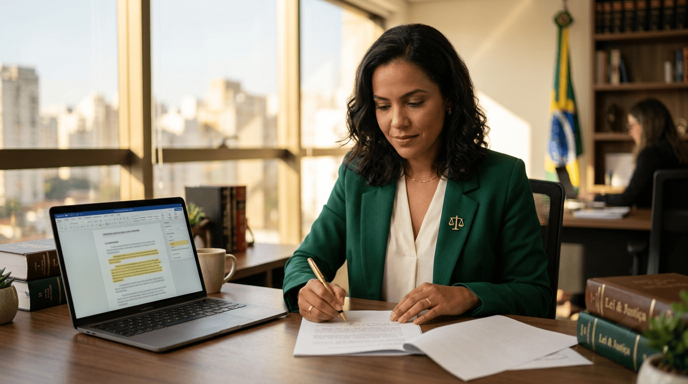 Advogada revisando um parecer jurídico com apoio de uma ferramenta de IA no notebook.