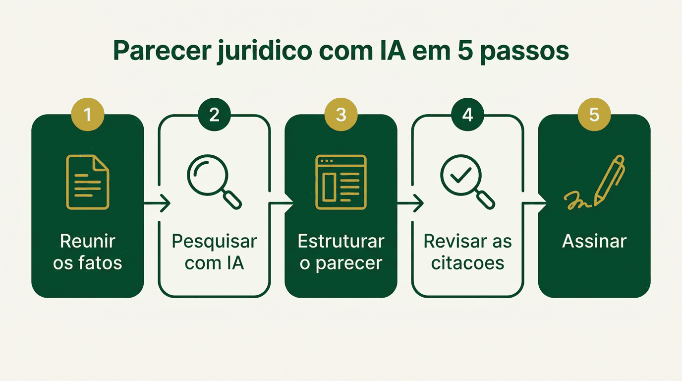 Fluxo de cinco etapas para elaborar um parecer jurídico com inteligência artificial.