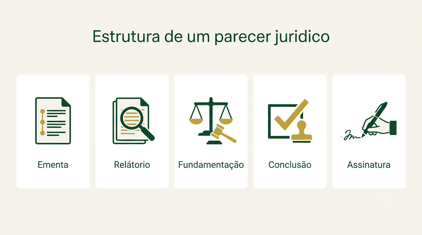 Infográfico com os cinco elementos da estrutura de um parecer jurídico.