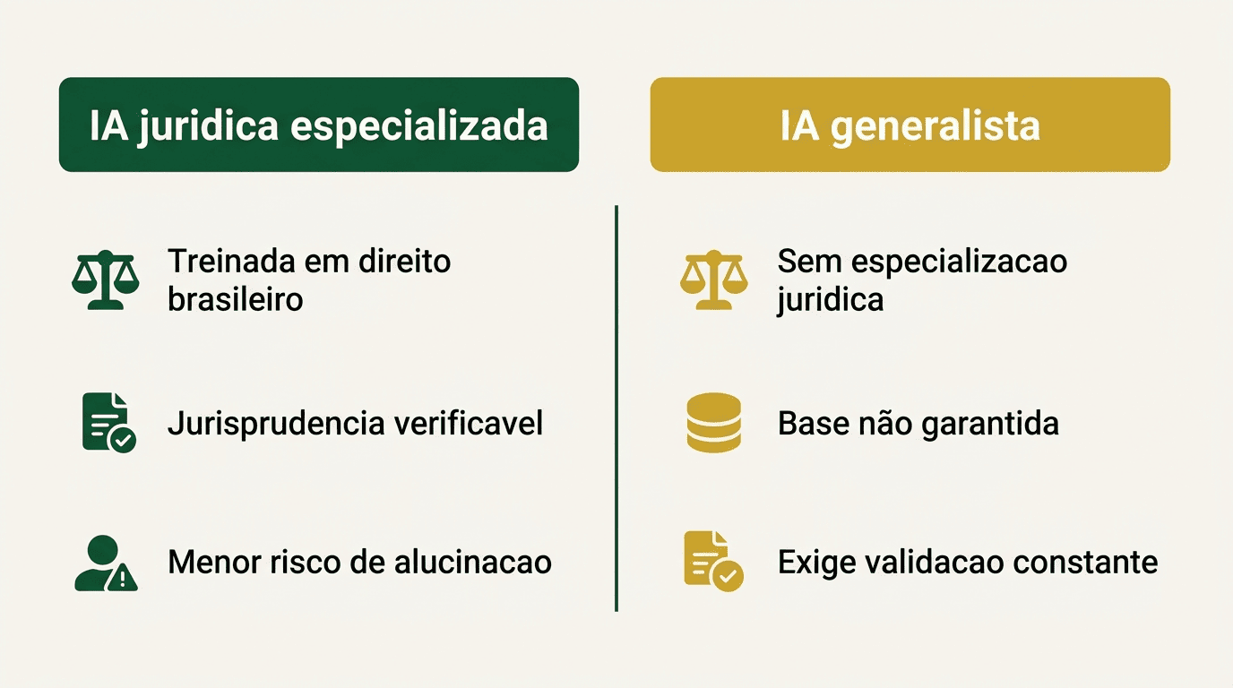 Comparação entre IA jurídica especializada e IA generalista para pareceres.