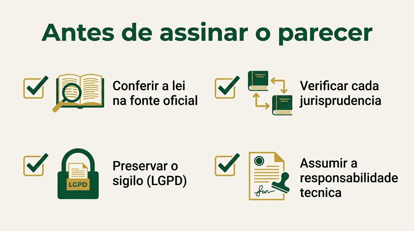 Checklist de validação a cumprir antes de assinar um parecer elaborado com IA.