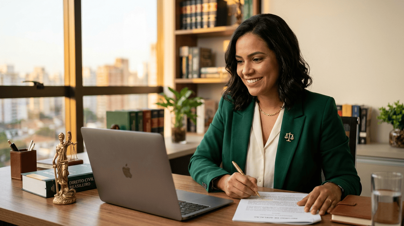Advogada revisa no laptop a minuta de recurso gerada por IA em um escritório de advocacia