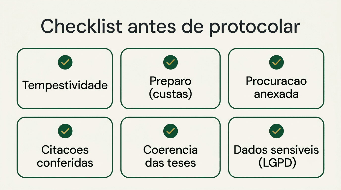 Checklist com seis itens a conferir antes de protocolar um recurso feito com IA